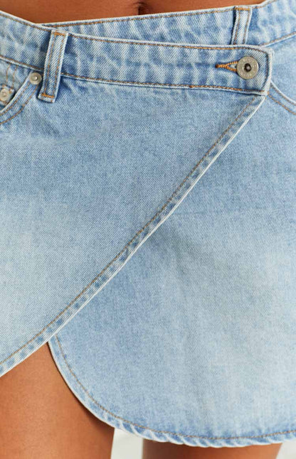 Alcmene Denim Asymmetrical Wrap Mini Skirt