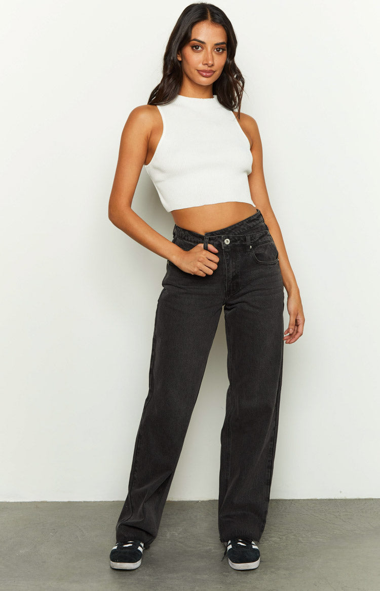 Kansis Washed Black Uneven Waist Jeans