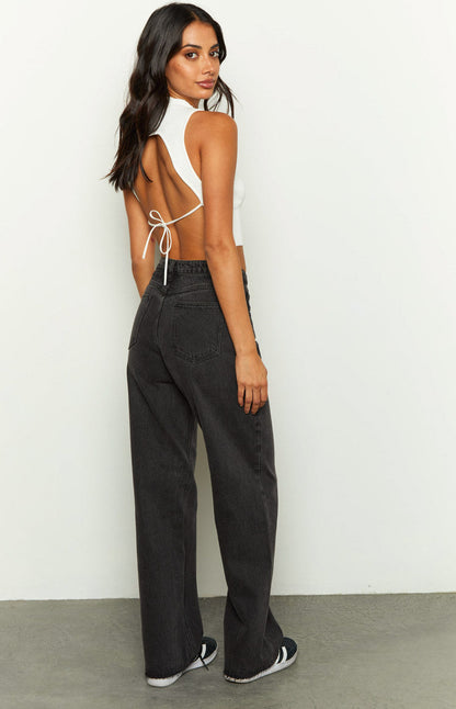 Kansis Washed Black Uneven Waist Jeans